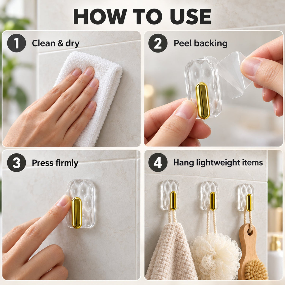 A four-panel graphic showing steps to install clear plastic hooks: cleaning, peeling backing, pressing, and hanging items.
