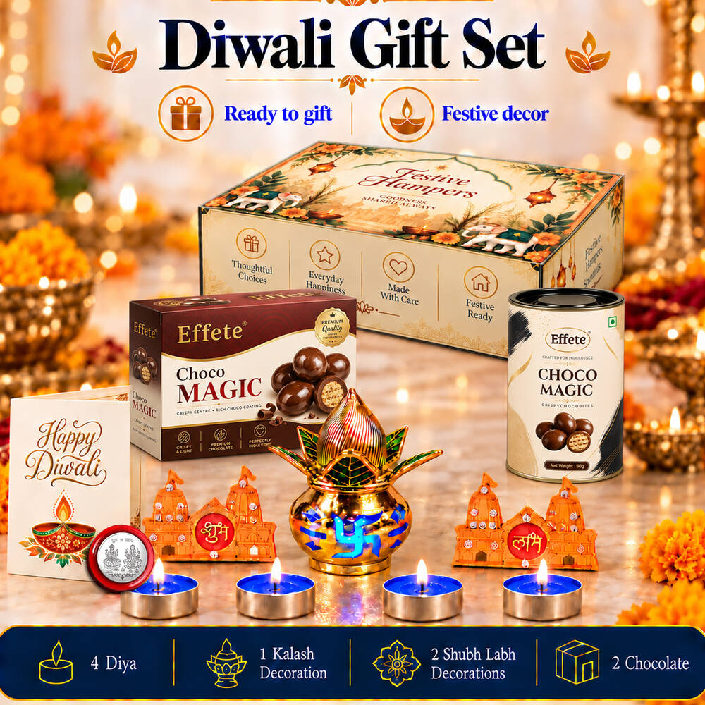 A Diwali gift set featuring a large festive box, chocolate items, a golden kalash, tealights, and orange temple decorations