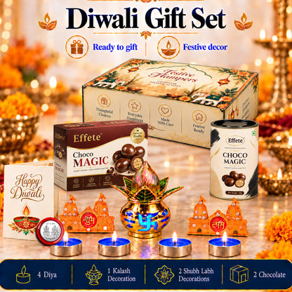 A Diwali gift set featuring a large festive box, chocolate items, a golden kalash, tealights, and orange temple decorations