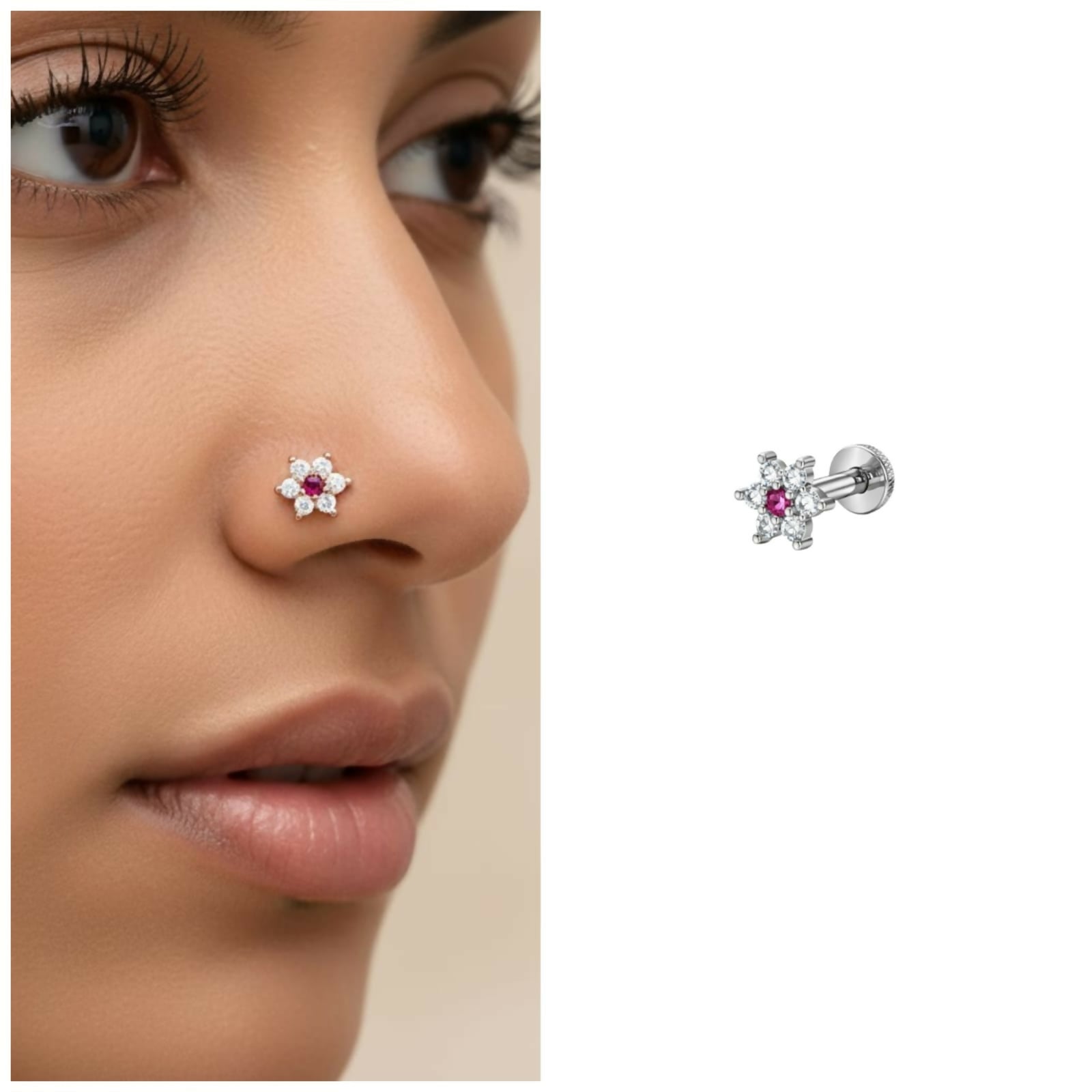Silver plated pink flower nose stud showing detailed floral design