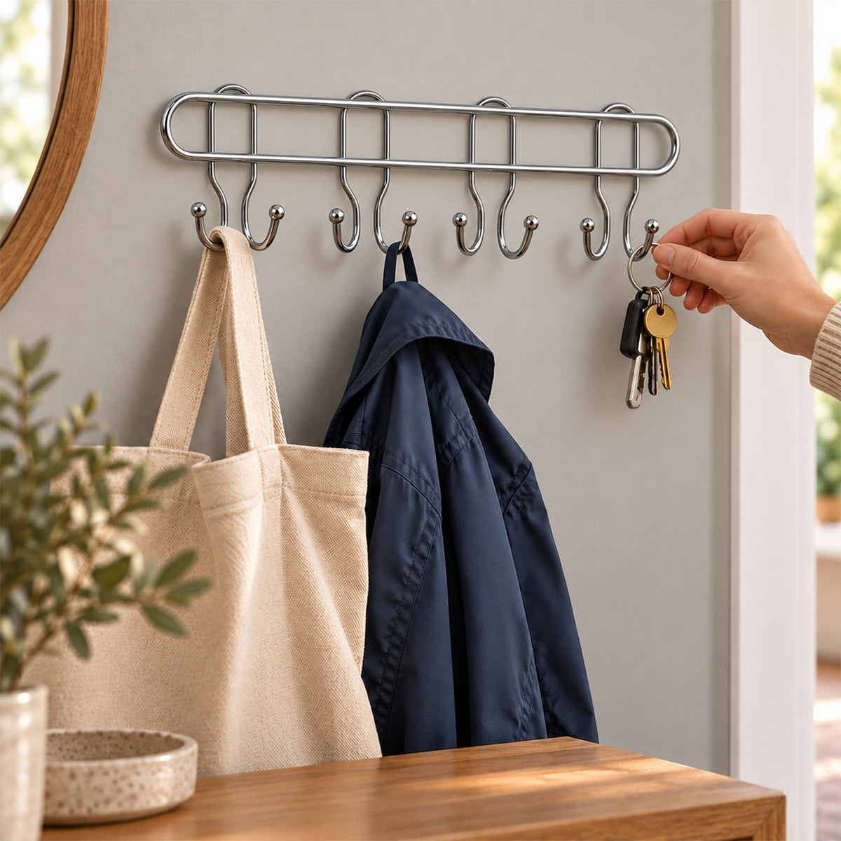 Long Stainless Steel Multi Hook Rack for Home Wall, Clothes and Bags (1 Pc)