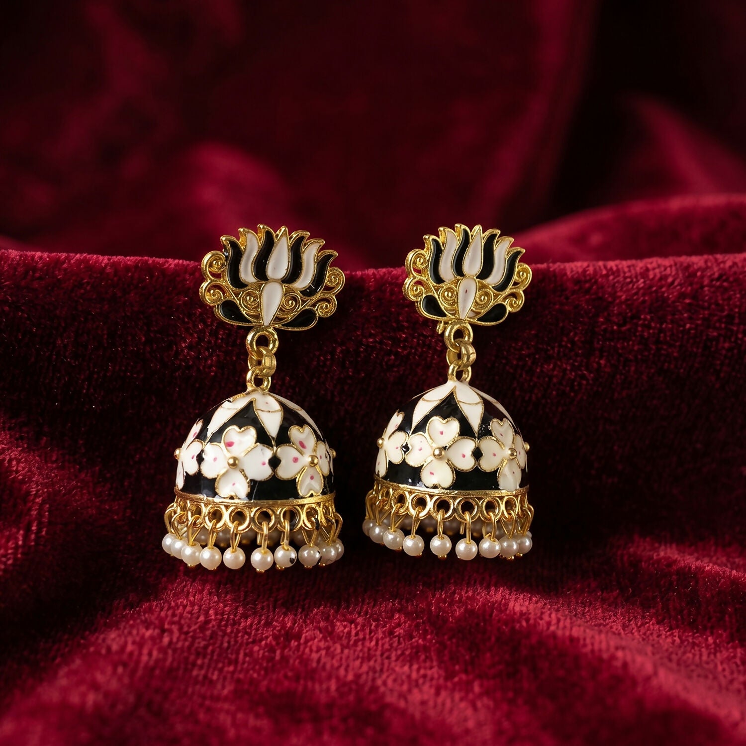 Classic Black Lotus Jhumka Earrings with Pearl Drops