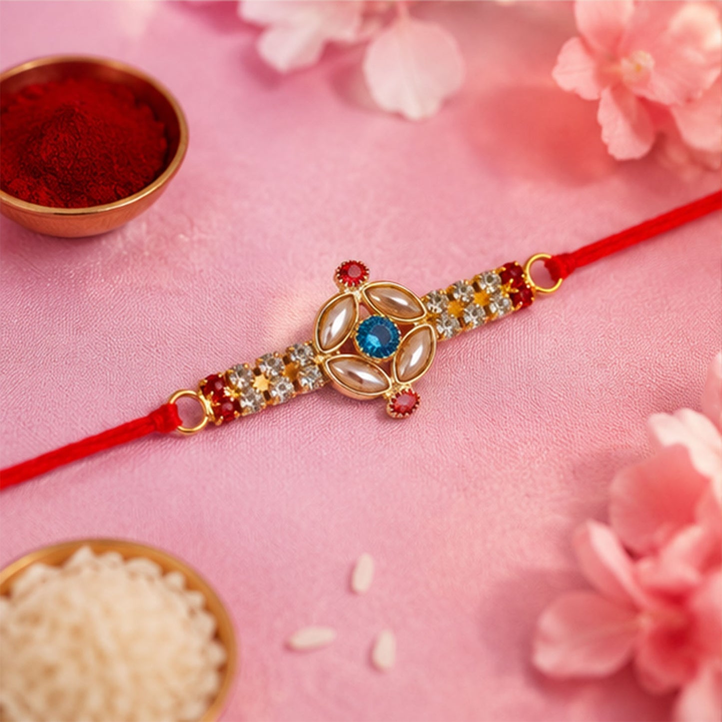 Blue Center Floral Kundan Rakhi with Red Stones and Pearl Ends