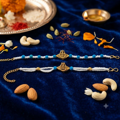 Premium Trishul Mahadev Designer Rakhi Set with Pearl Beads for Bhai & Bhabhi close-up detail for festive gifting rakhi combo