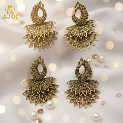 Front view of traditional peacock earrings in antique gold