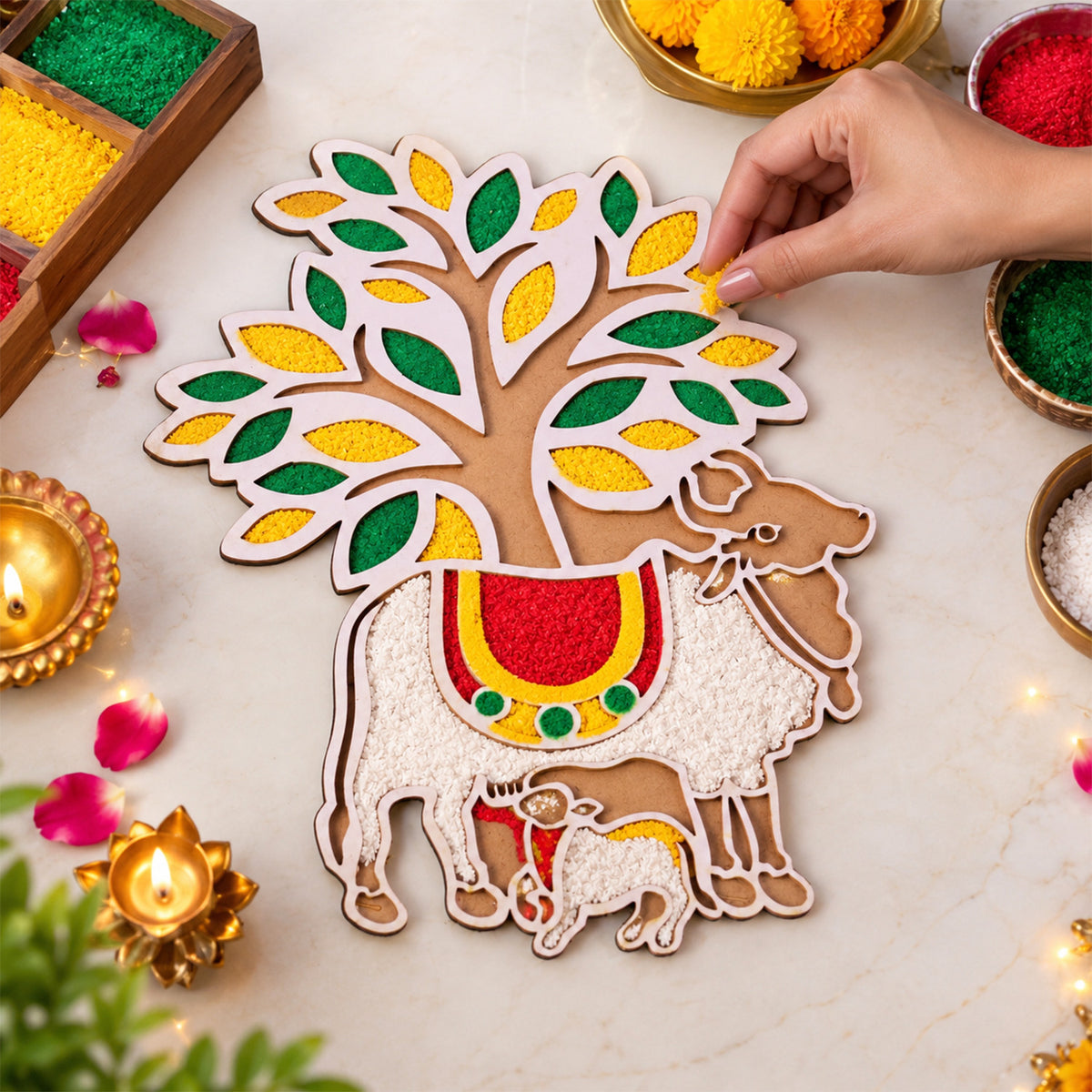 Cow and Calf Rangoli Stencil Board for Puja, Festival and Home Entrance Decor