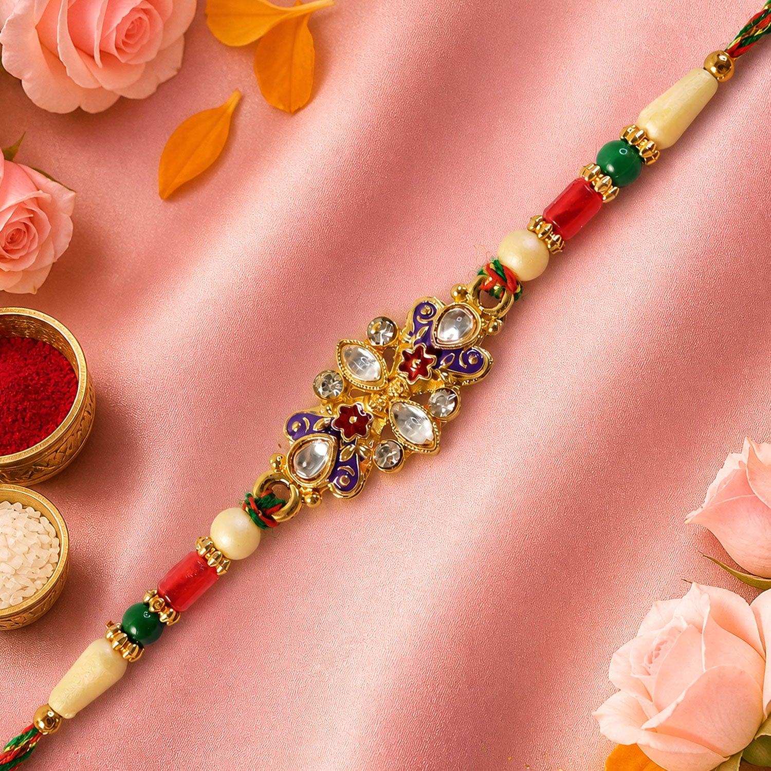 Designer Rakhi with Ornate Floral Medallion, bead line and gift style for Gift Use