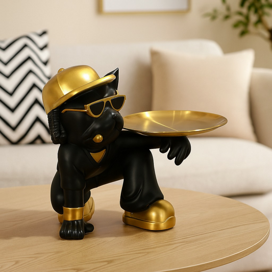 Luxury Black & Gold Bulldog Butler Figurine with Tray – Stylish Resin Dog Showpiece Wearing Cap & Sunglasses – Funky Modern Art Decorative Tray Stand for Keys, Coins & Snacks – Premium Home & Office Décor Gift