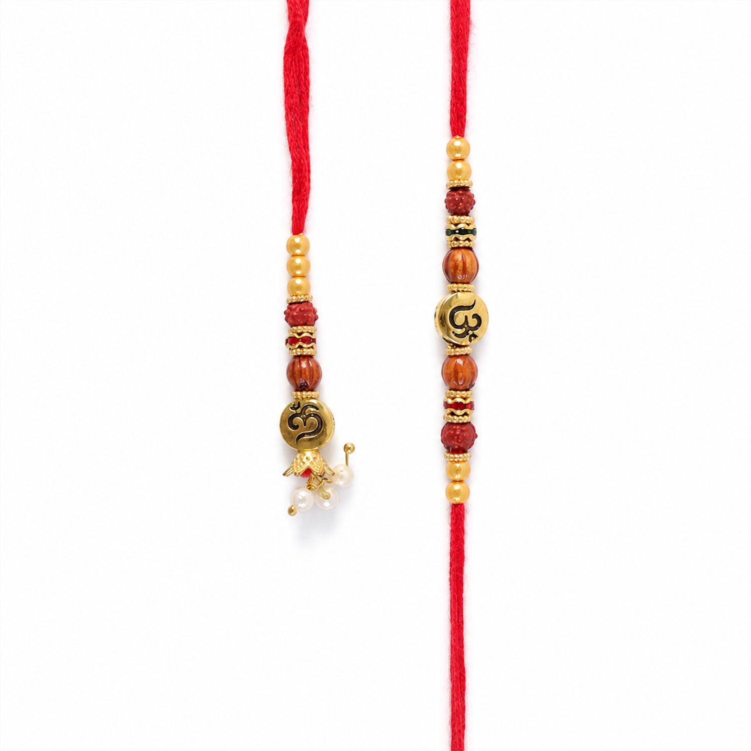 Om Motif Bhai Bhabhi Rakhi with Rudraksha Beads, Wooden Beads and Pearl Drop Charms