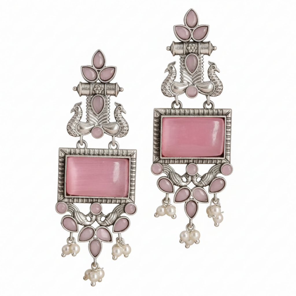 Traditional Oxidized Silver Pink Stone Pearl Drop Earrings
