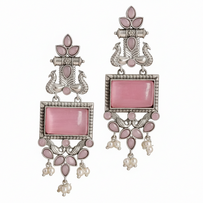 Traditional Oxidized Silver Pink Stone Pearl Drop Earrings