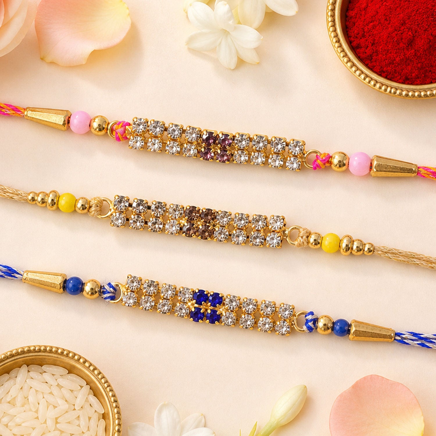 Rectangular Bar Motif Rakhi with Mix Colour Stones (Pack of 6)