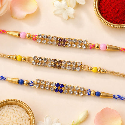 Rectangular Bar Motif Rakhi with Mix Colour Stones (Pack of 6)