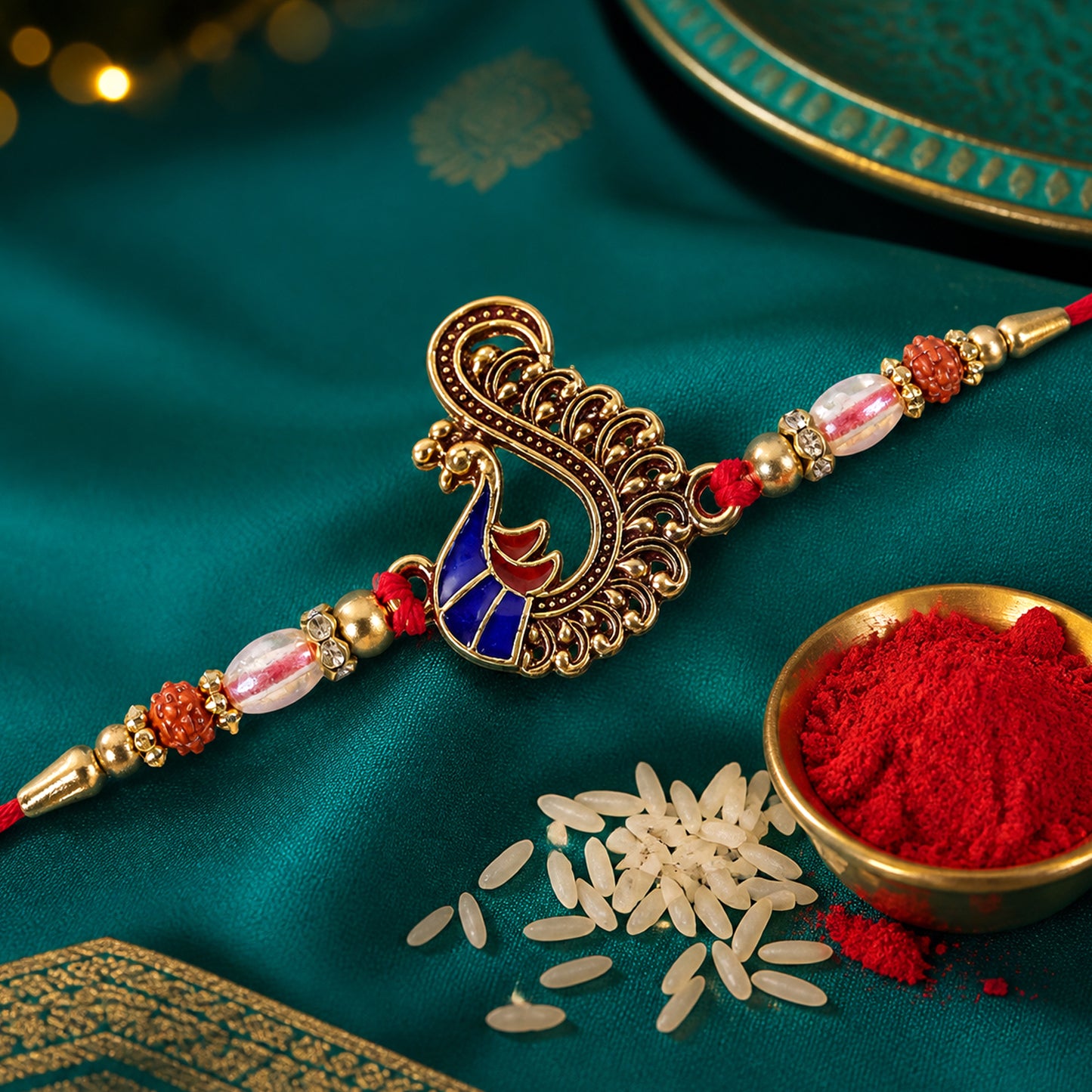 Designer Rakhi with Peacock Paisley Charm, blue stones and thread look for Gift Use