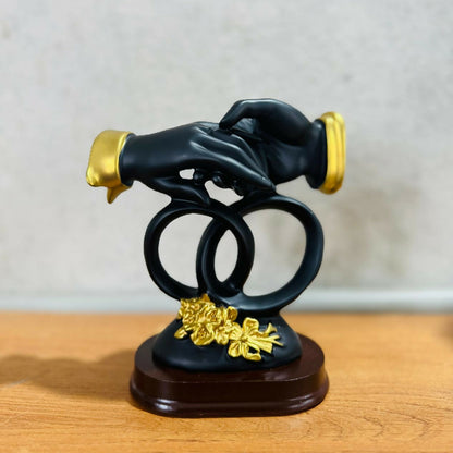 Luxury Black & Gold Handshake Figurine with Interlocked Rings & Floral Base | Romantic Couple Holding Hands Showpiece for Home Décor, Wedding Gift, Anniversary Gift, Office Desk & Living Room Decoration