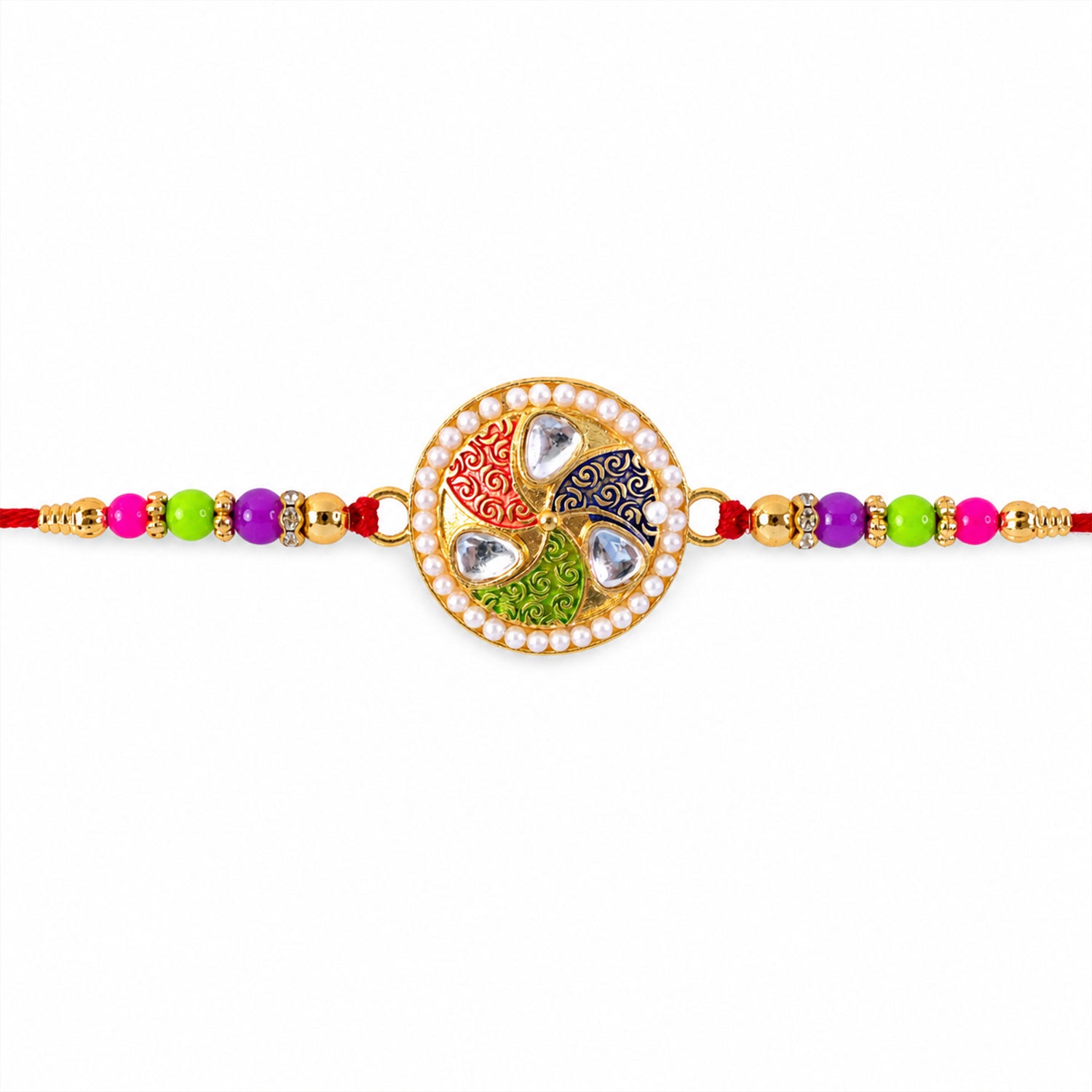 Kundan Meenakari Rakhi Pearl Border Multicolor Beads (10pcs)