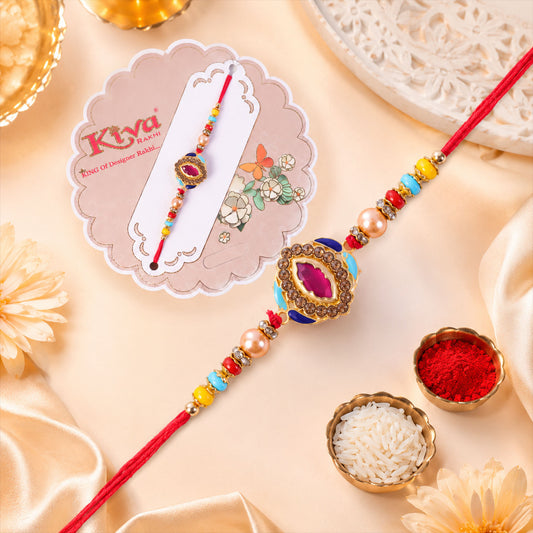Pink Stone & Blue Meenakari Oval Designer Rakhi for Brother Gift Set