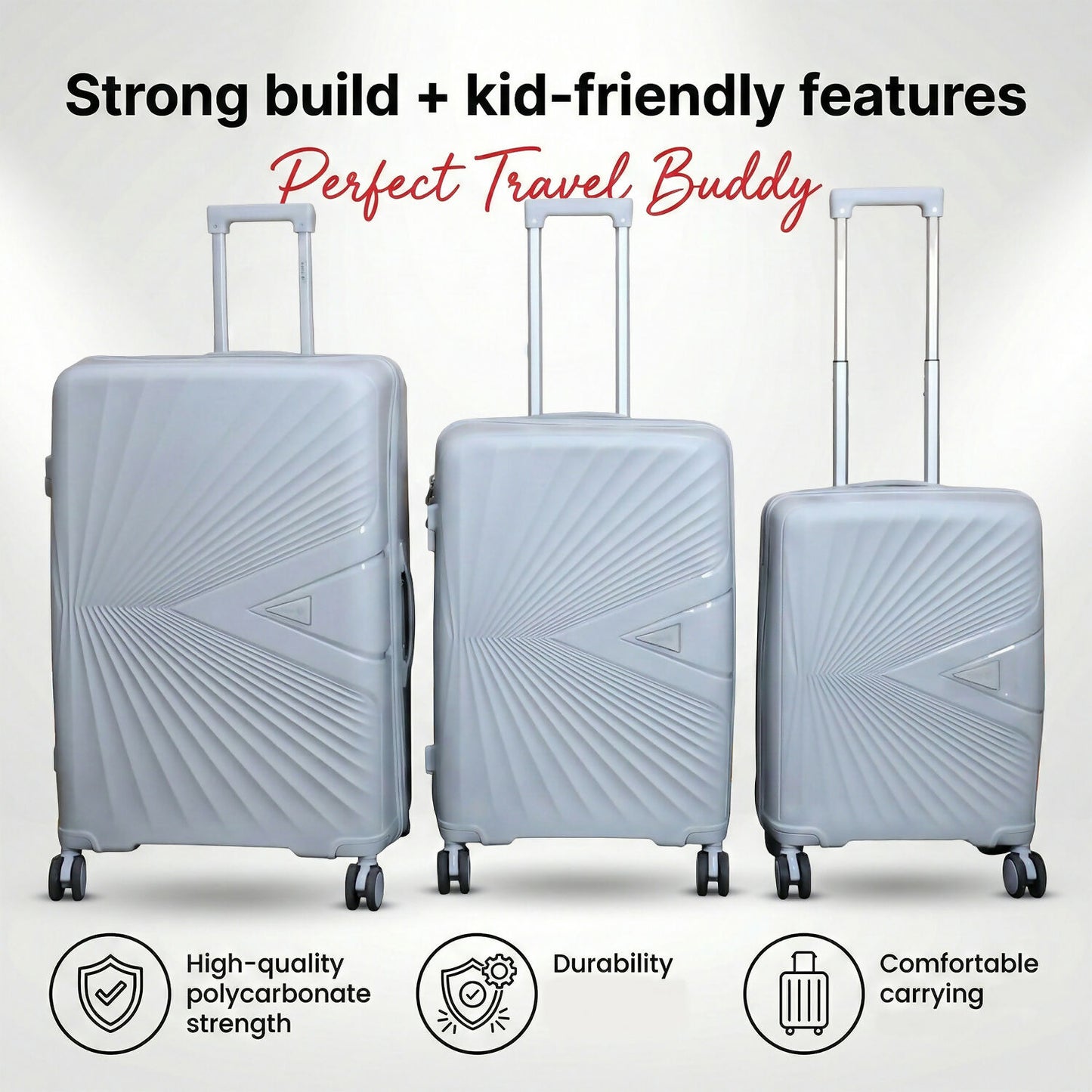 Close-up of the ribbed design on the grey hard shell travel luggage
