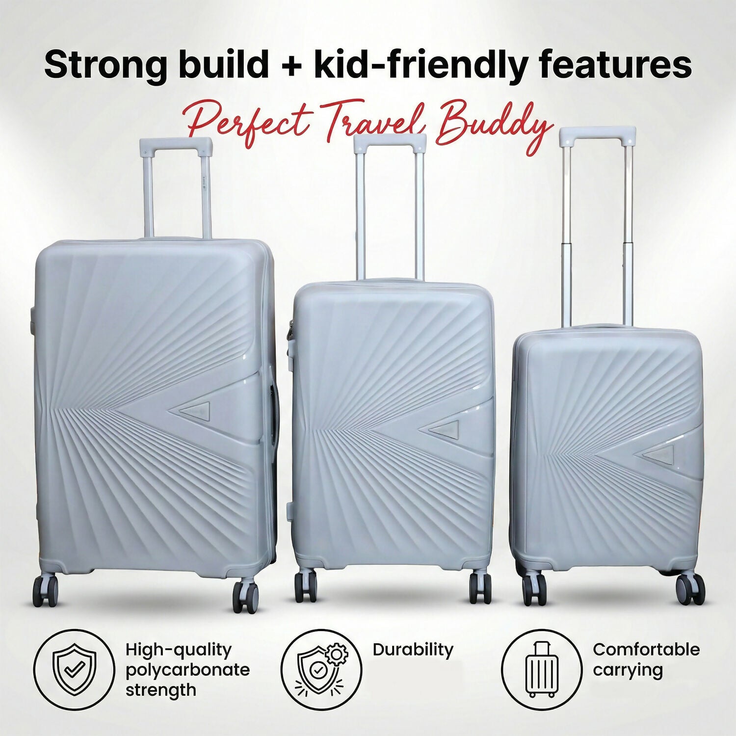 Close-up of the ribbed design on the grey hard shell travel luggage