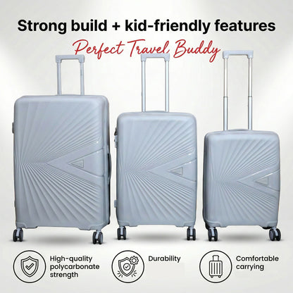 Close-up of the ribbed design on the grey hard shell travel luggage