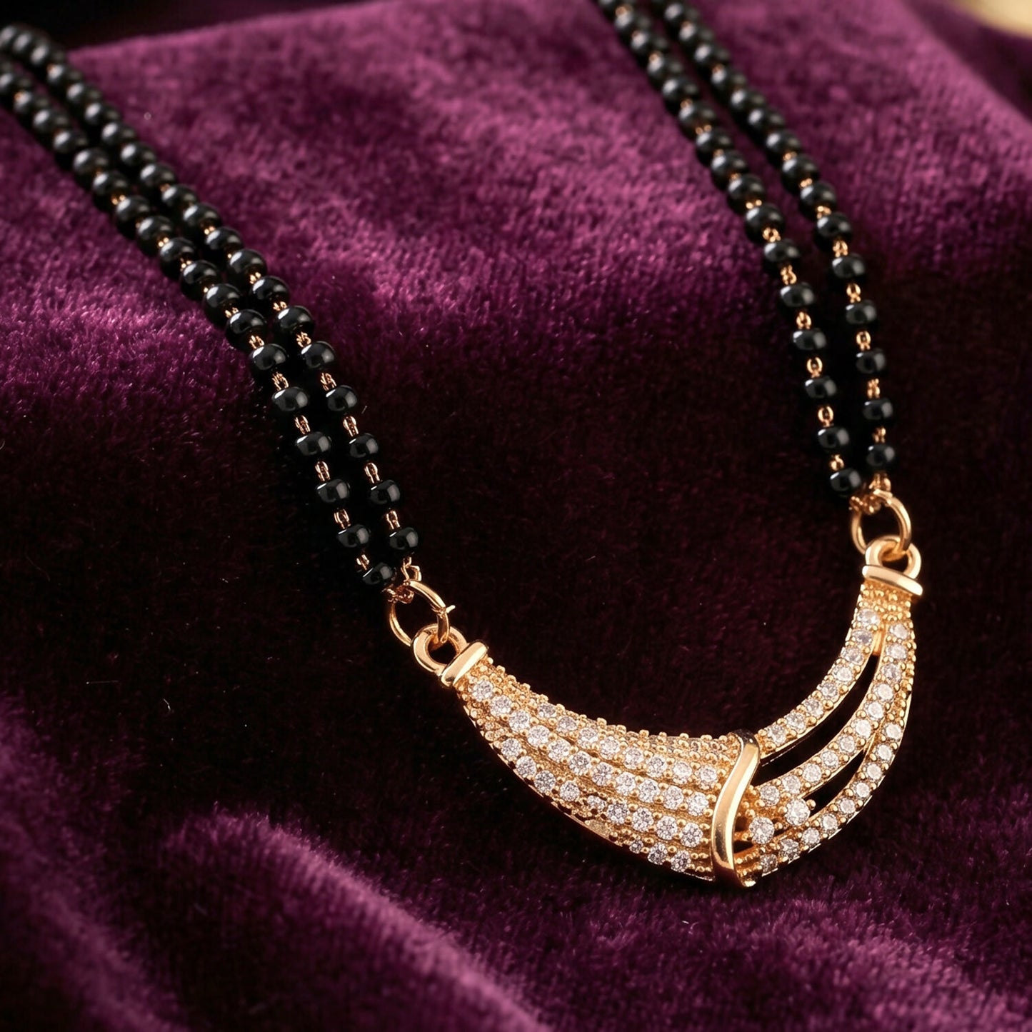 Rose Gold Finish Full CZ Crescent Moon Bar Double Strand Mangalsutra