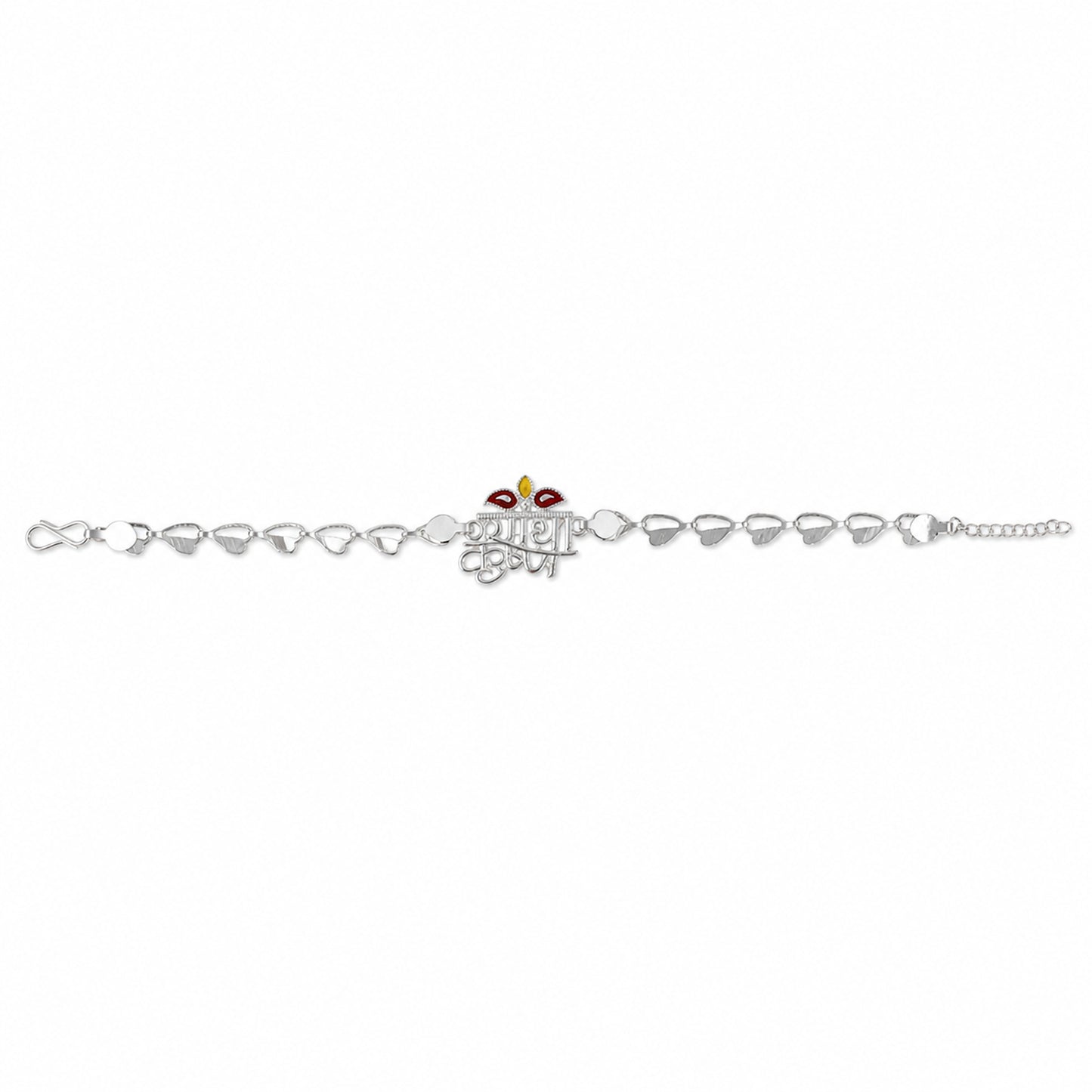 Radha Krishna Silver Motif Enamel Petal Chain Rakhi