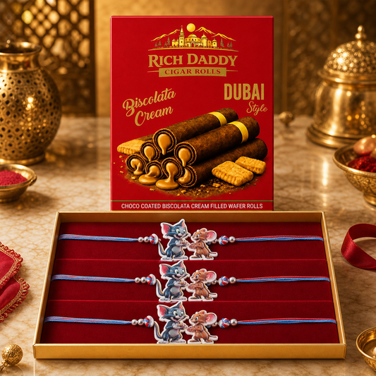 Cartoon Cat & Mouse Rakhi Set with Wafer Rolls, Pack of 3