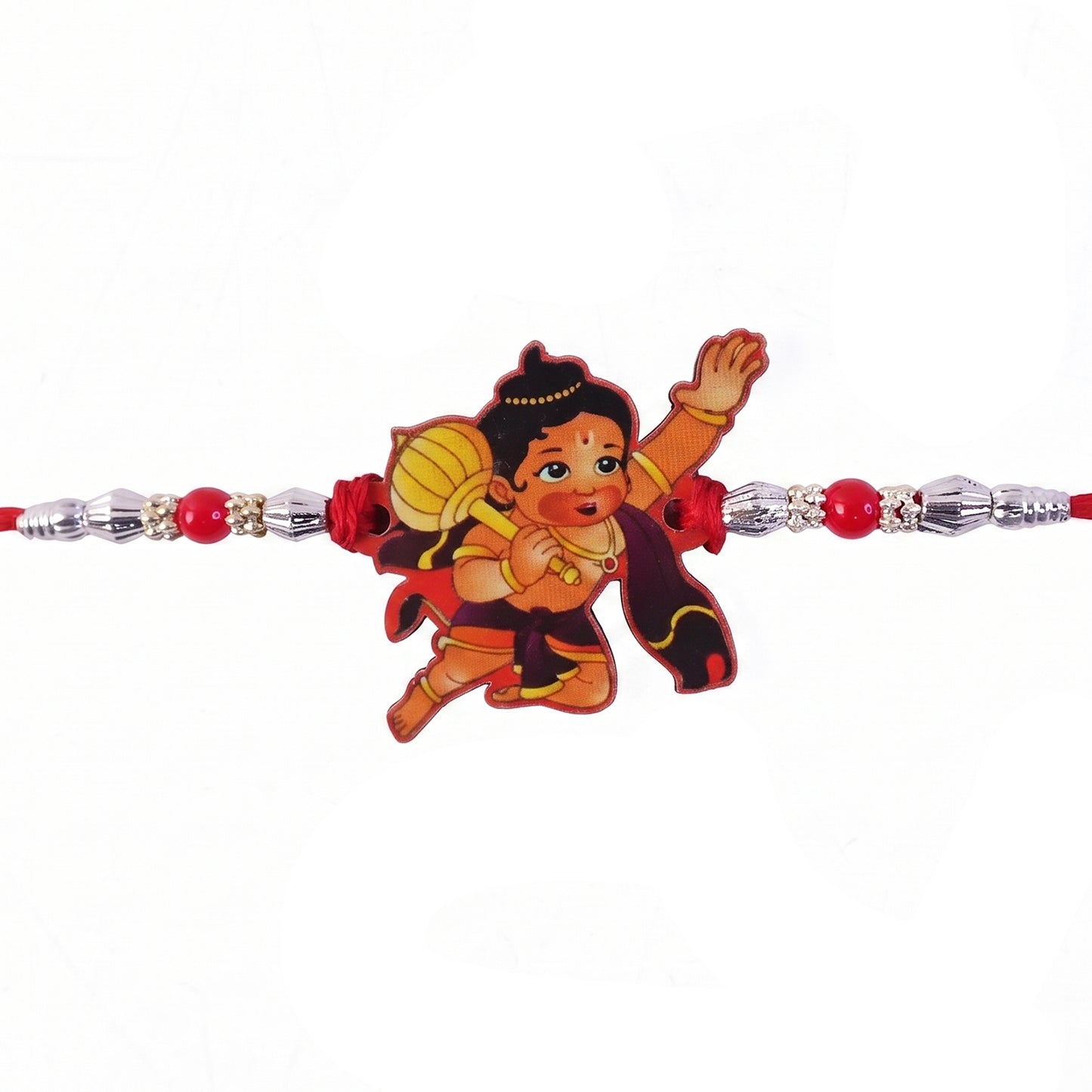 Bal Hanuman Cartoon Rakhi with Red Beads and Silver Chain