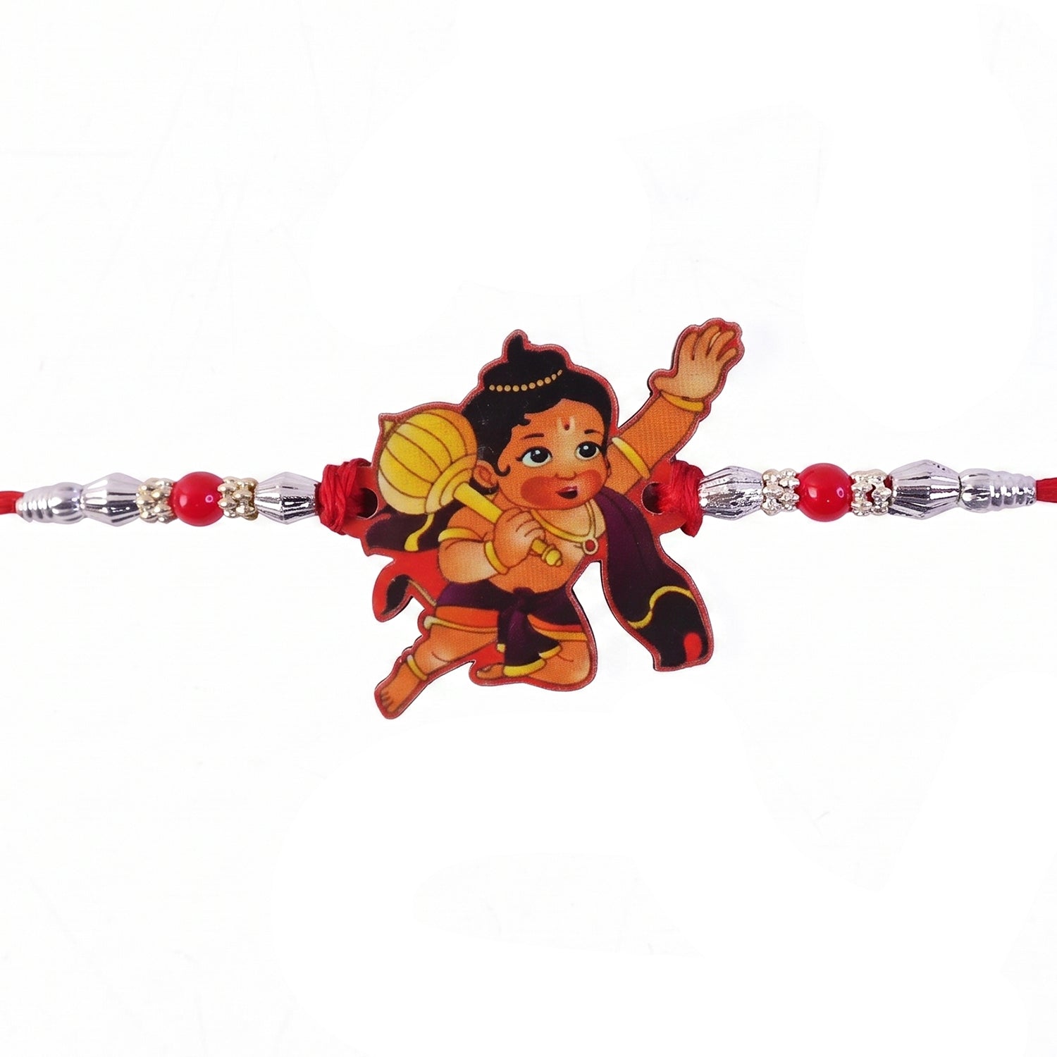 Bal Hanuman Cartoon Rakhi with Red Beads and Silver Chain