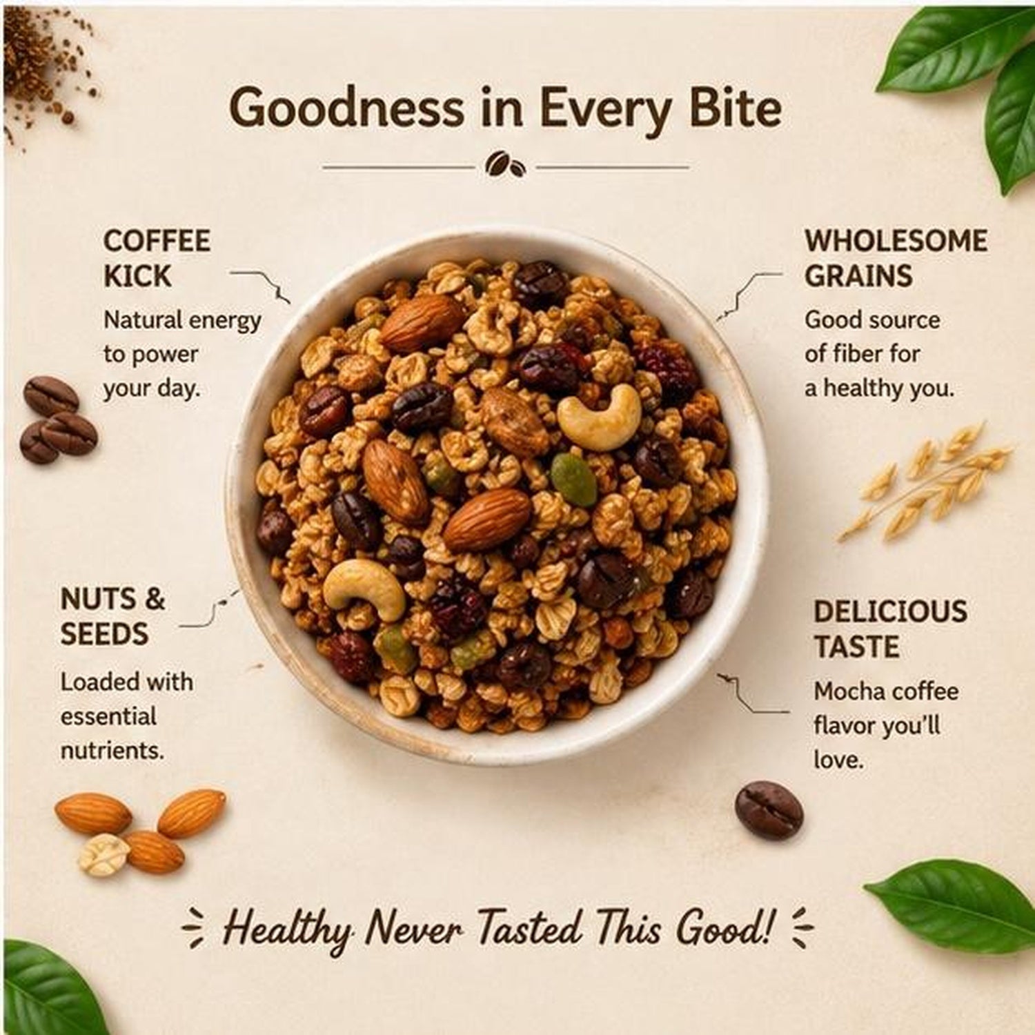 Packshot of Oracle Mocha Coffee Muesli showing net weight and packaging.