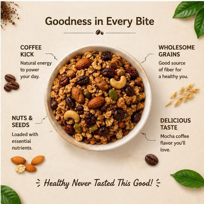 Packshot of Oracle Mocha Coffee Muesli showing net weight and packaging.