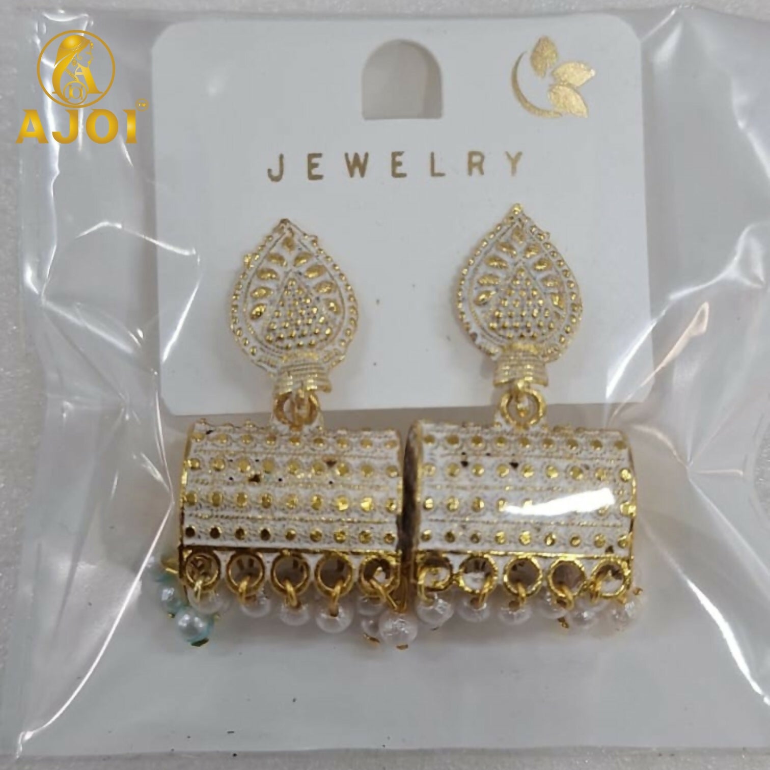 Elegant Gold Plated Pearl Drop Ethnic Earrings with White Design
