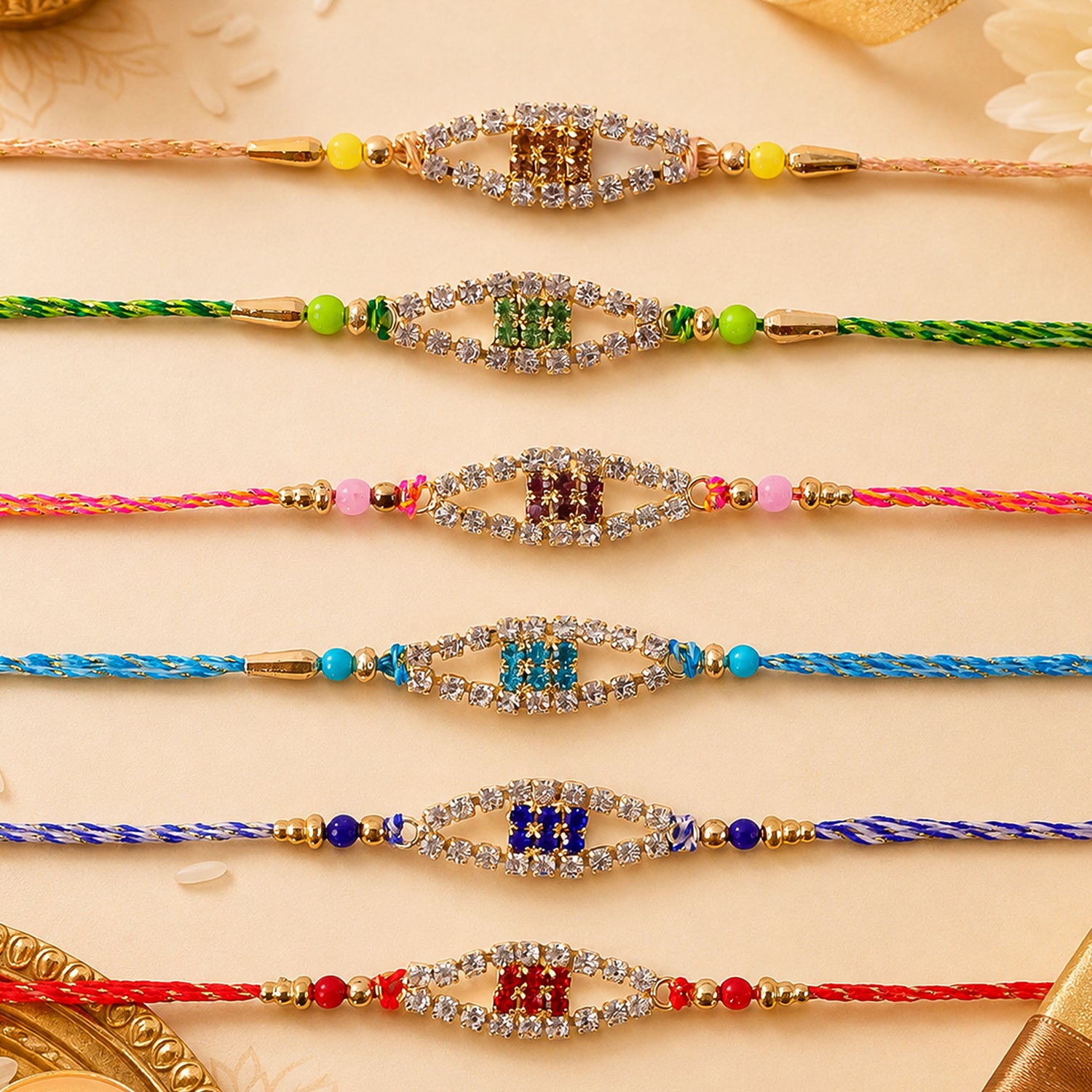 Open Oval Frame Rakhi with AD Stone Detailing (Pack of 6)