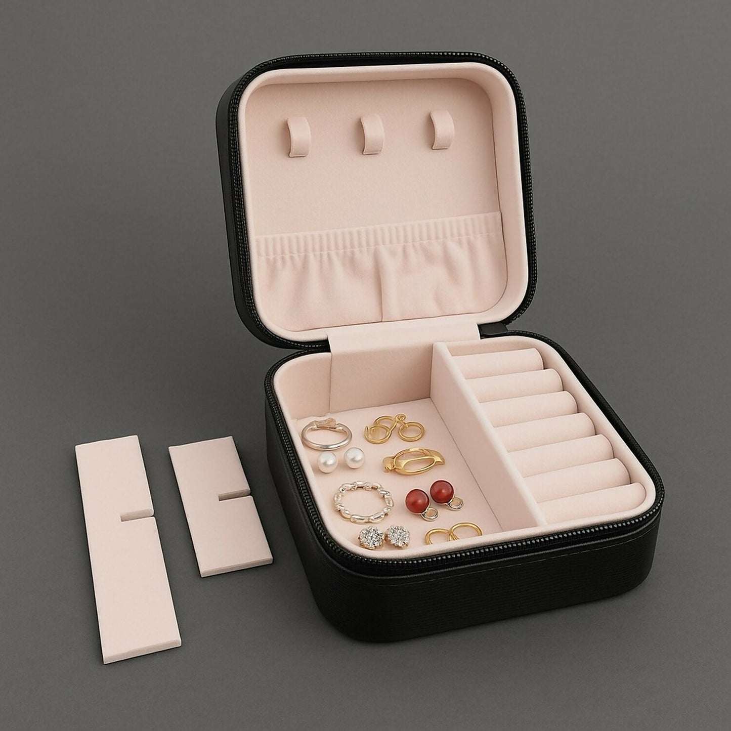 Premium Travel Jewelry Organizer Box with Ring Slots & Necklace Hooks – Black