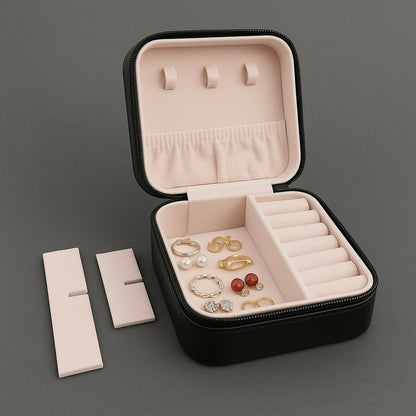 Premium Travel Jewelry Organizer Box with Ring Slots & Necklace Hooks – Black