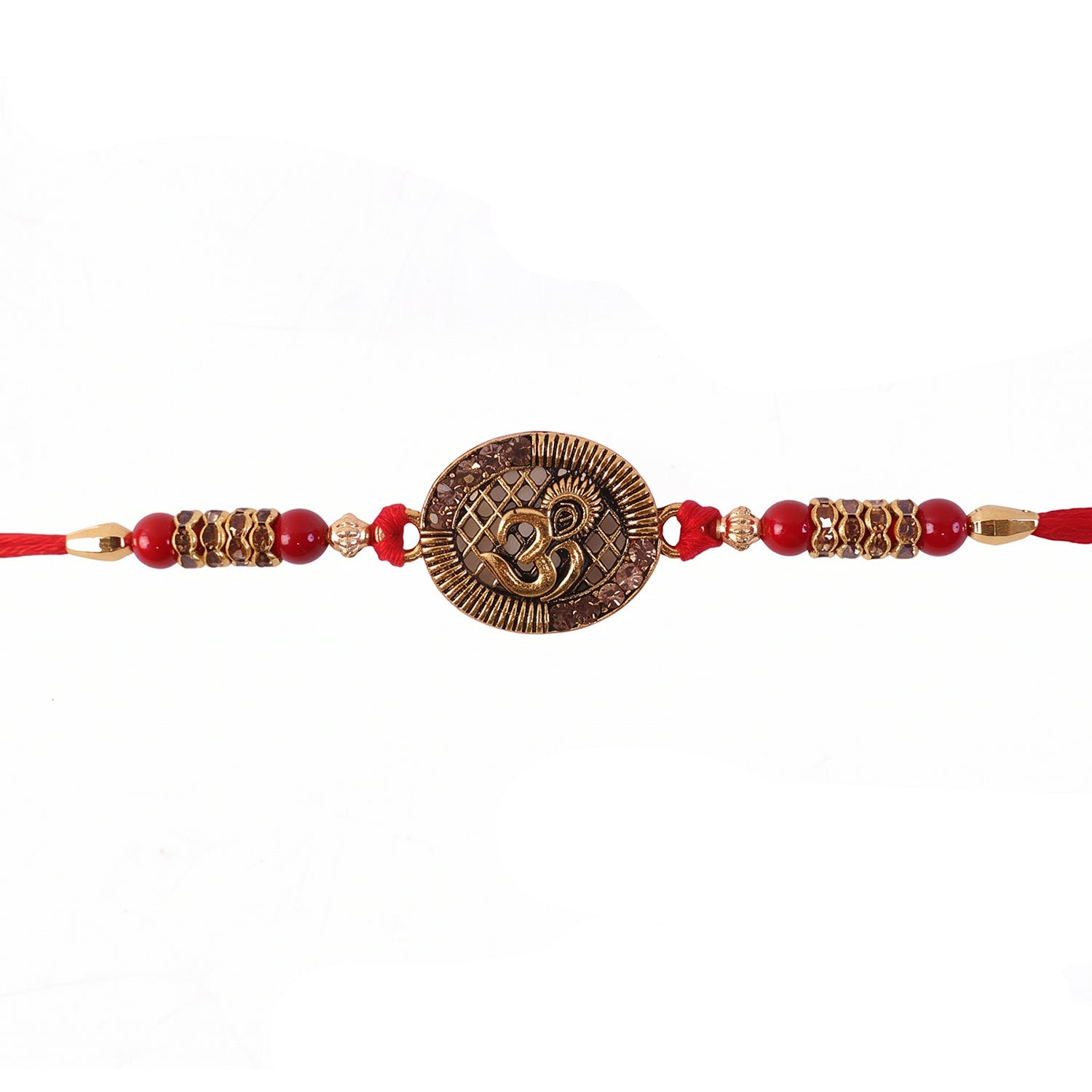 Antique Om Coin Rakhi with Rudraksha Beads and Red Thread