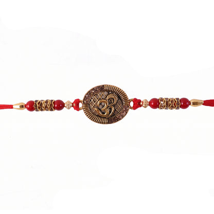 Antique Om Coin Rakhi with Rudraksha Beads and Red Thread