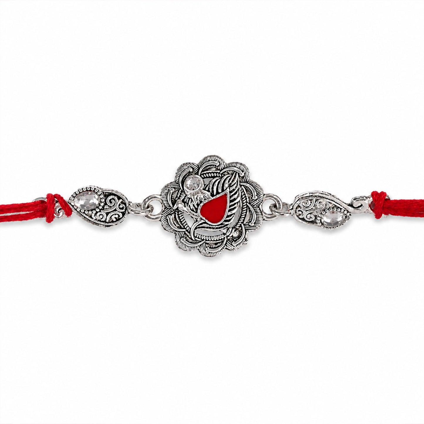 Ornate Rakhi featuring Silver Round Charm, metal trims and chain look for Gifting