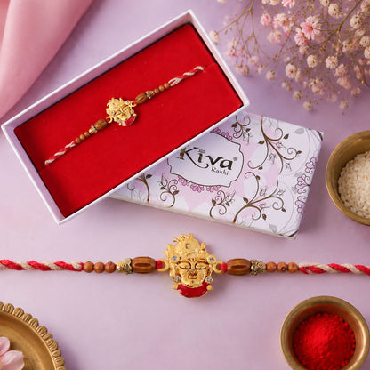 Golden Shrinathji Face Rakhi with Crown Detail, Roli Chawal Coin and Velvet Style Gift Packing