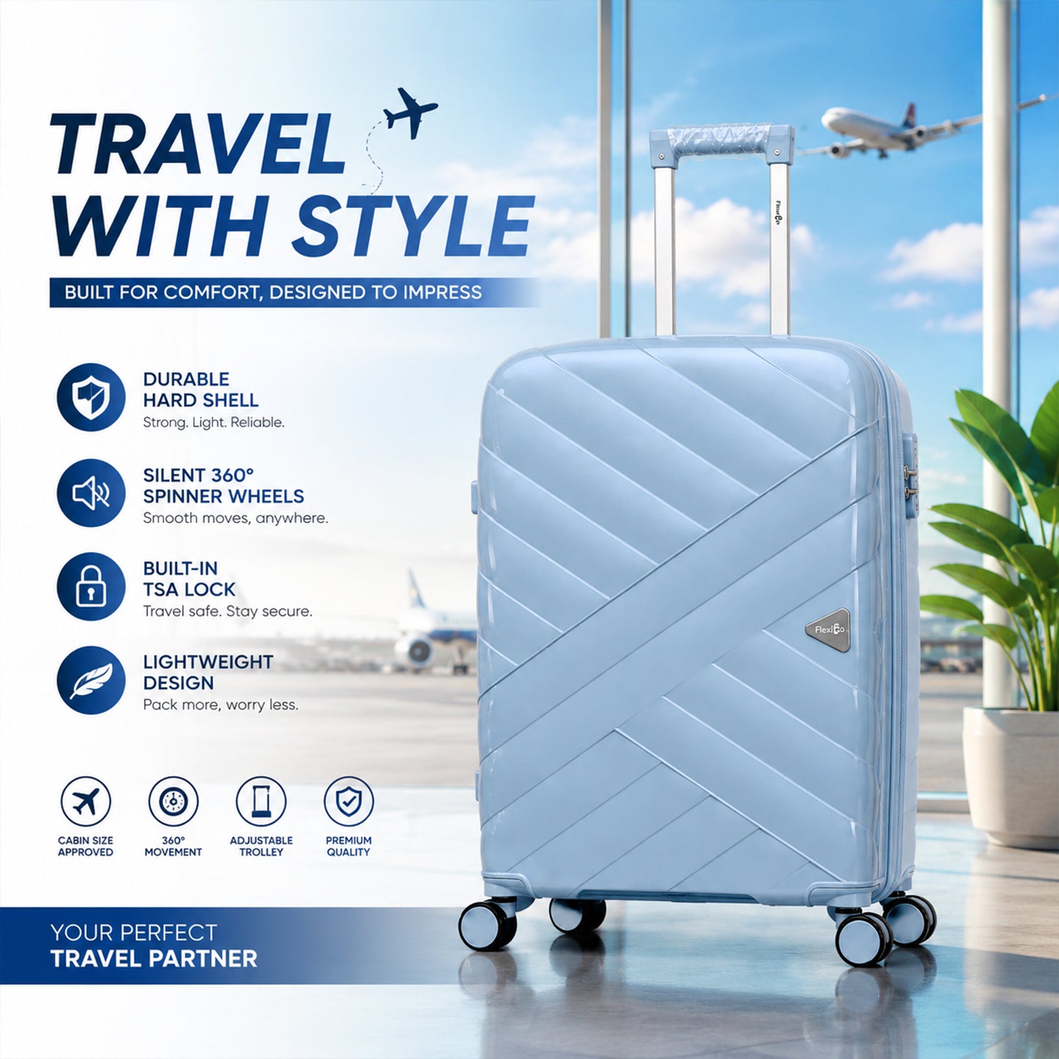 Sky Blue Lightweight Trolley Suitcase with 360° Spinner Wheels & Secure Travel Lock