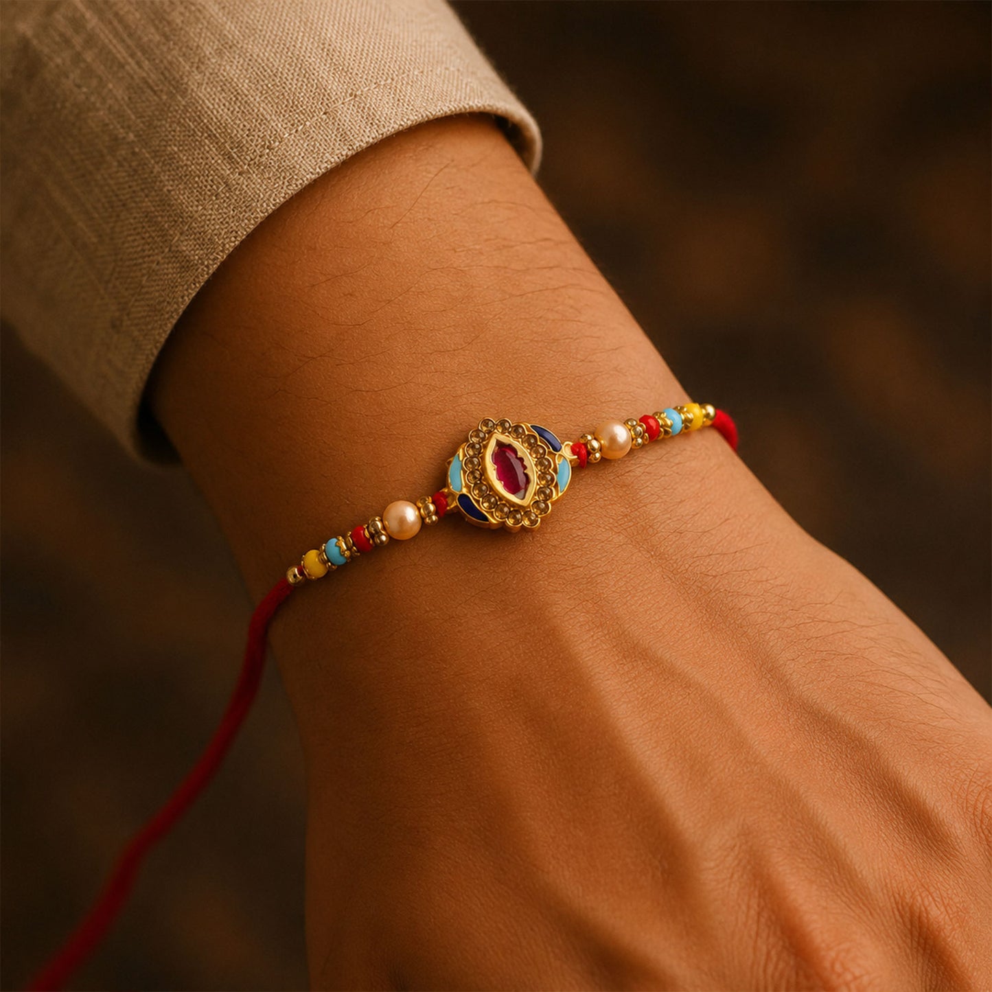 Pink Stone & Blue Meenakari Oval Designer Rakhi for Brother Gift Set