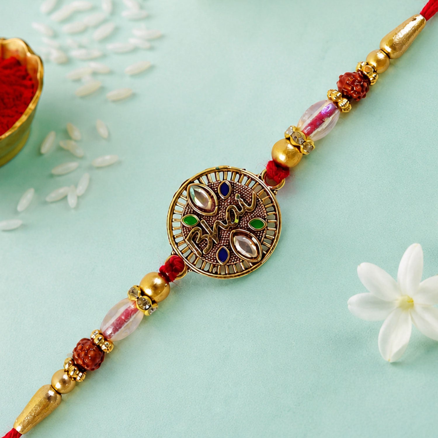 Oxidized Gold Kundan Medallion Rakhi with Rudraksha Beads