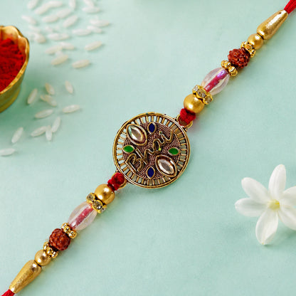 Oxidized Gold Kundan Medallion Rakhi with Rudraksha Beads