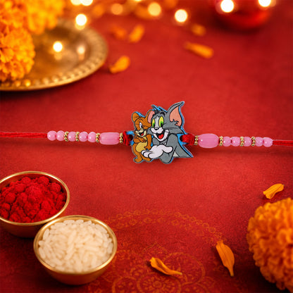 Tom Jerry Cartoon Rakhi with Pink Beads and Sweet Kids Look