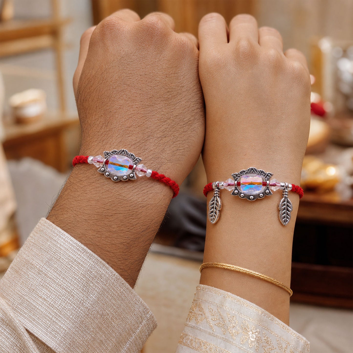 Iridescent Stone Bhaiya Bhabhi Rakhi Pair with Silver Leaf Charms for Couple Gift