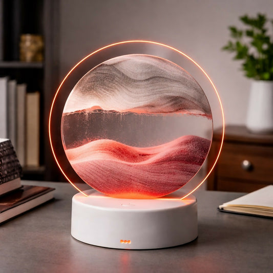 Red Sand Round LED Acrylic Table Lamp with Abstract Art Design