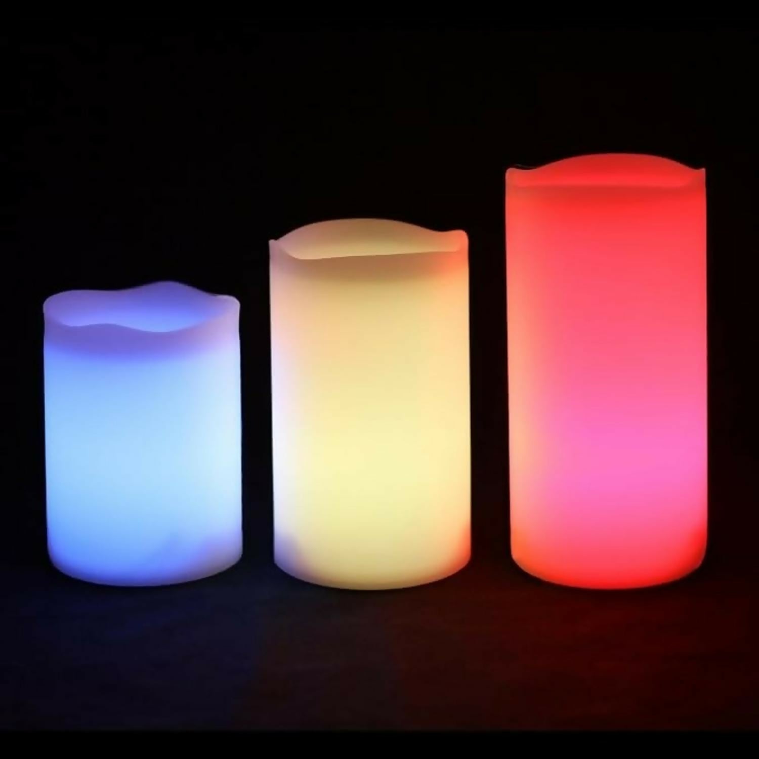Premium Multi-Color Changing LED Flameless Candles with Remote Control – Set of 3 Battery Operated Pillar Candles with 12 Color Modes, Timer Function & Realistic Glow – Home Décor, Parties, Festivals & Gifting