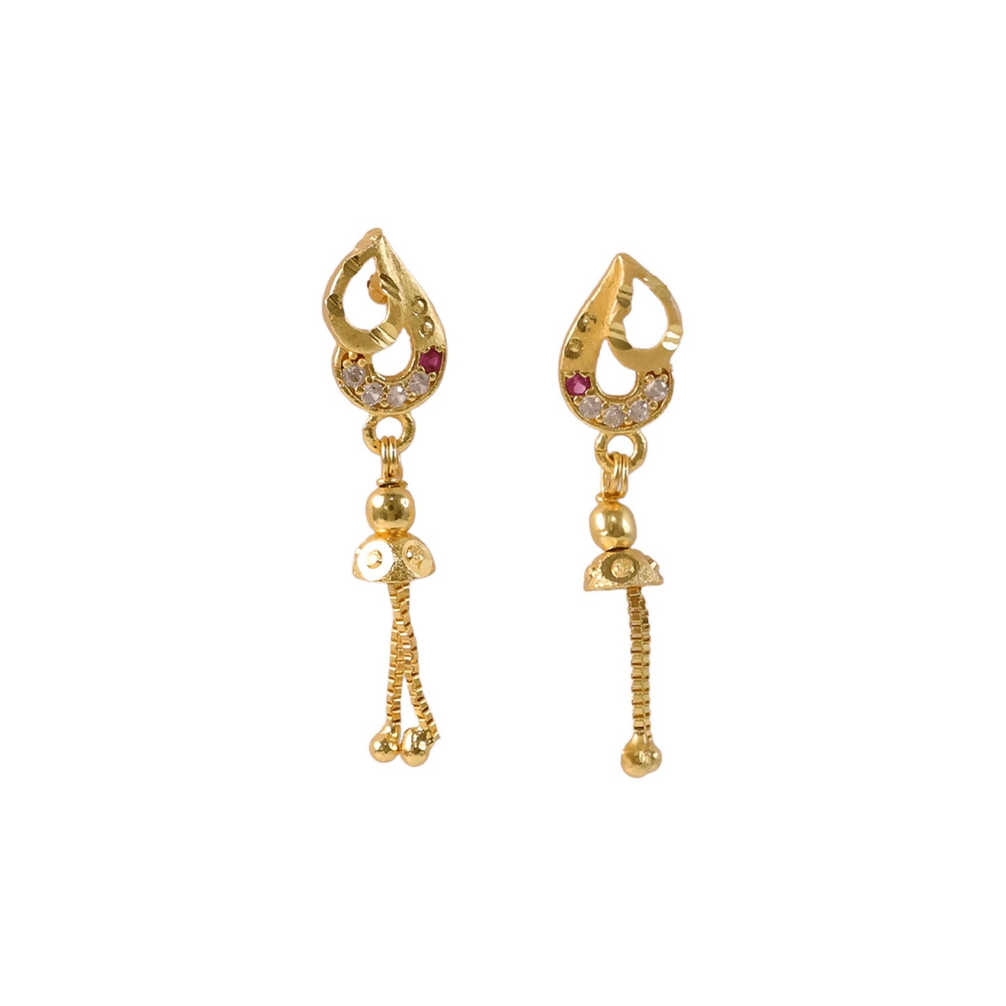Elegant long dangler earrings with gold polish, diamonds, and ruby red stone