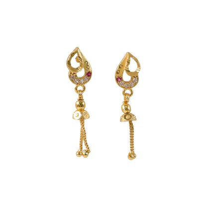 Elegant long dangler earrings with gold polish, diamonds, and ruby red stone