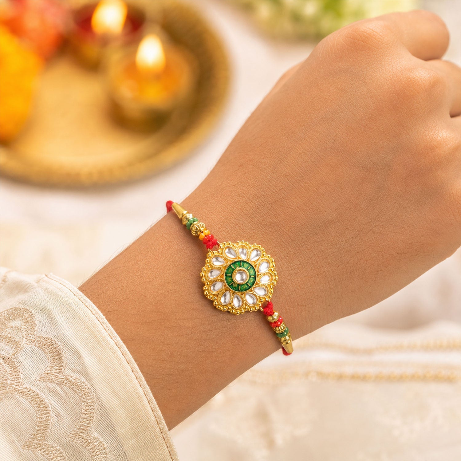 Kundan Flower Rakhi Traditional Floral Design for Brother (5pcs)